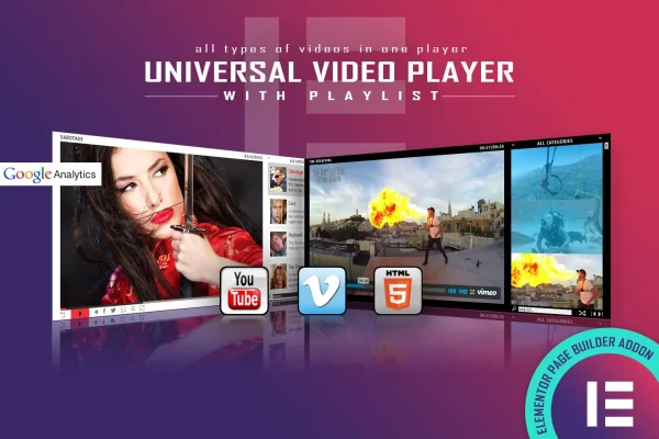 Universal Video Player Elementor widget banner showing a video player