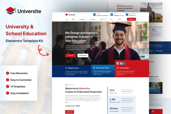 Universite Elementor template kit preview for a university and school website