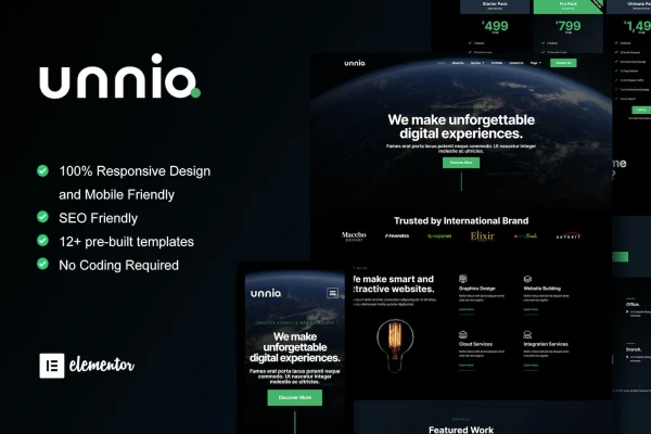 Unniq dark creative agency Elementor template kit preview