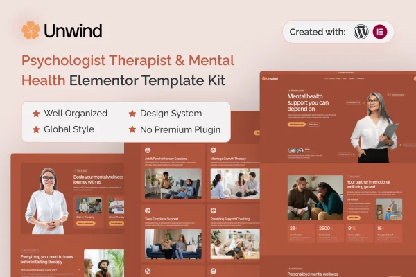 Unwind Elementor template kit cover for a psychologist and therapist website