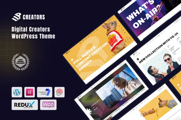 UpCreators WordPress theme preview showing digital creator homepage layouts