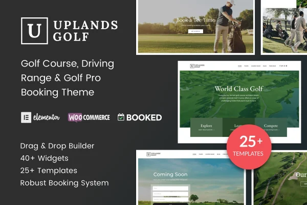 Uplands golf course WordPress theme preview with course imagery and booking section