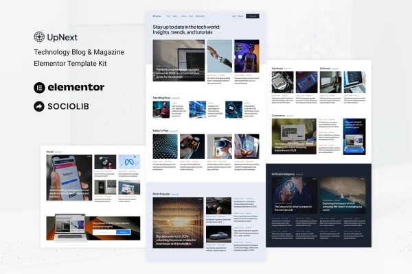 UpNext technology blog and magazine Elementor template kit preview