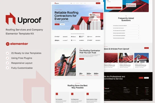 Uproof roofing services Elementor template kit preview