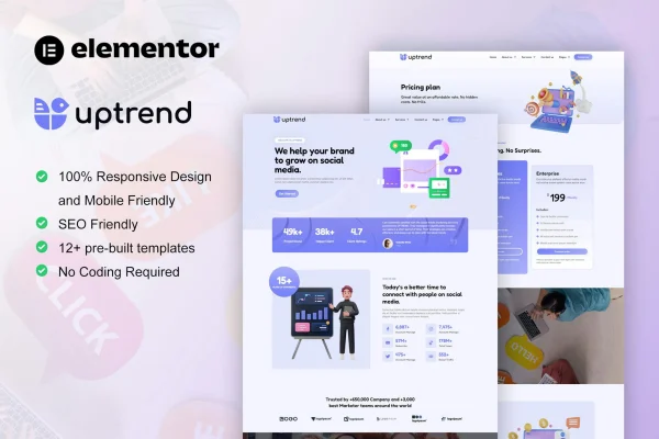 UpTrend social media marketing agency Elementor template kit preview
