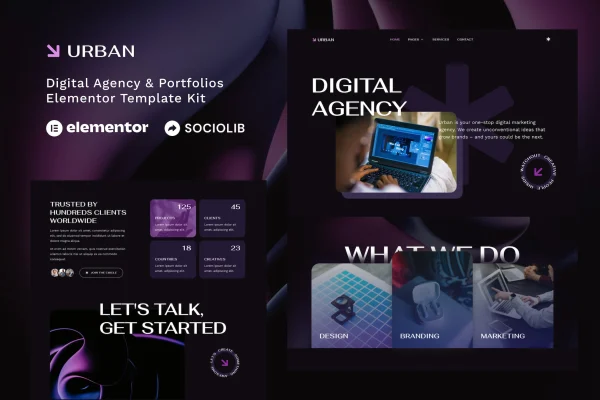 Urban dark digital agency and portfolio Elementor template kit preview