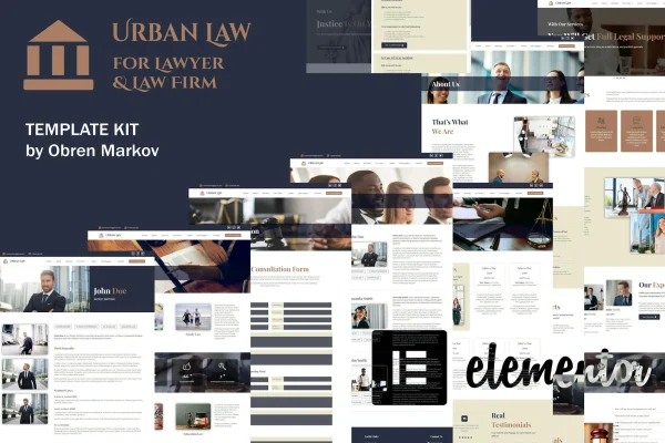 Urban Law Elementor template kit preview showing law firm website page layouts