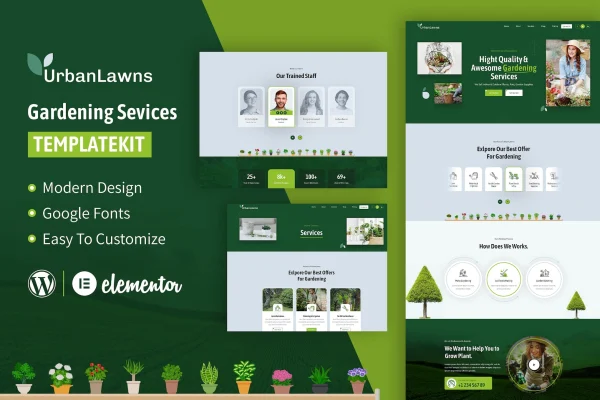 Urban Lawns gardening Elementor template kit preview with green landscaping website pages