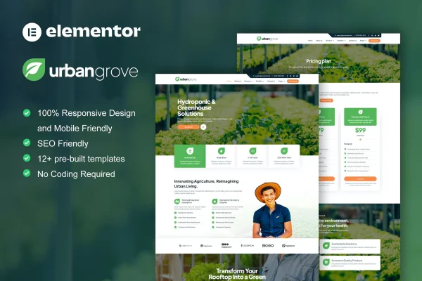UrbanGrove hydroponic and agriculture Elementor template kit preview