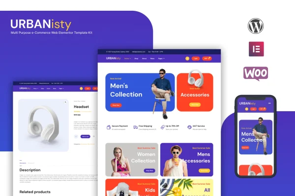 Urbanisty eCommerce Elementor template kit cover showing online store page layouts