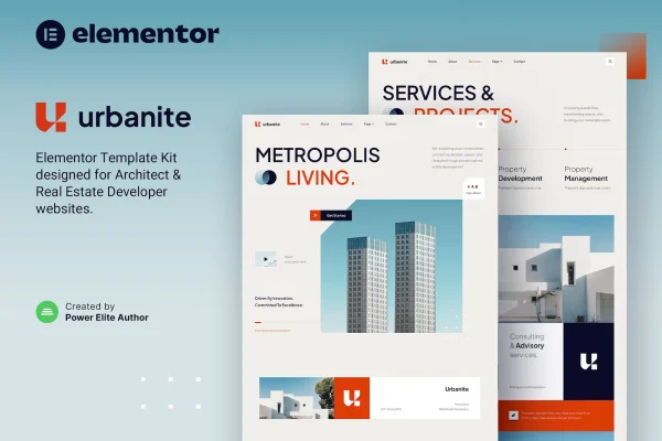 Urbanite Elementor template kit preview showing architecture and real estate website pages