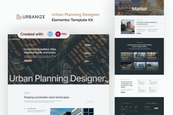 Urbanize Elementor template kit cover showing urban planning website page layouts