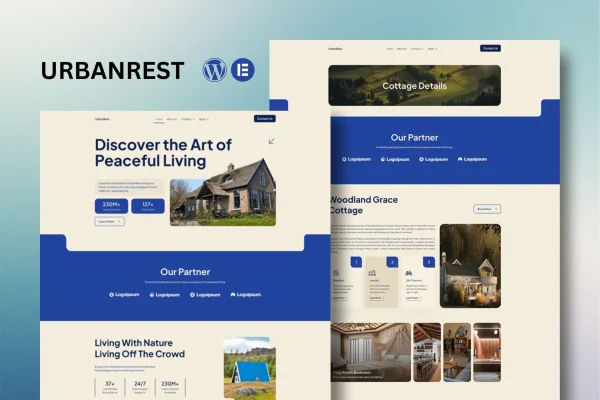 Urbanrest nature cottage Elementor template kit preview with earthy, nature-inspired page layouts