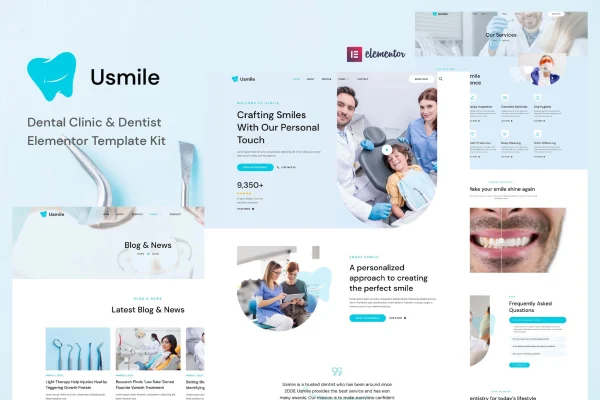 Usmile dental clinic Elementor template kit preview showing website page layouts