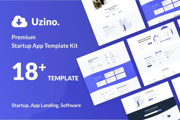 Uzino startup app Elementor template kit preview showing homepage layouts