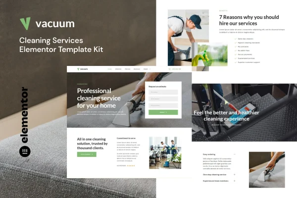 Vacuum cleaning services company Elementor template kit preview
