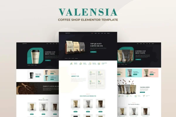 Valensia coffee shop Elementor template kit preview with café homepage layouts