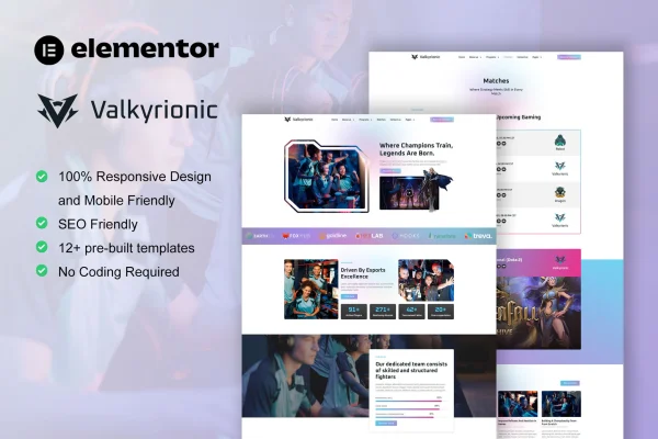 Valkyrionic esports team and gaming Elementor template kit preview