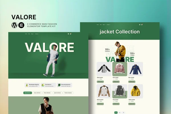 Valore fashion store Elementor template kit cover showing eCommerce page layouts