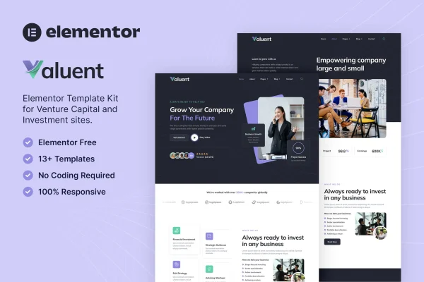 Valuent venture capital and investment Elementor template kit preview