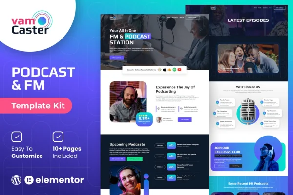 Vamcaster podcast and video streaming Elementor template kit preview