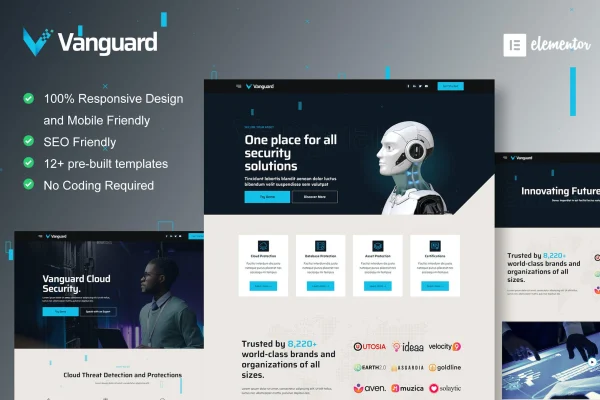 Vanguard cyber security Elementor template kit page previews