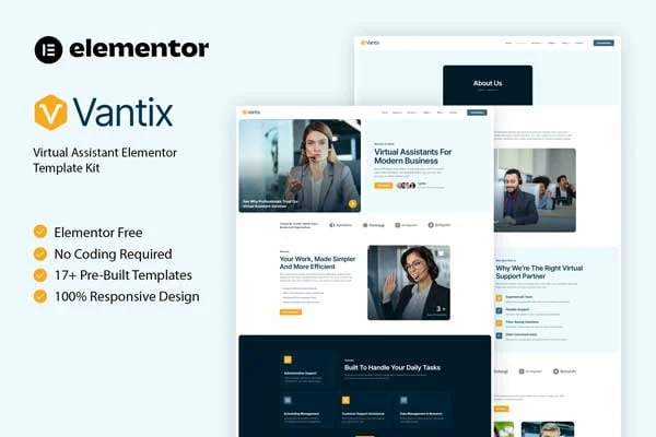 Vantix virtual assistant Elementor template kit page previews