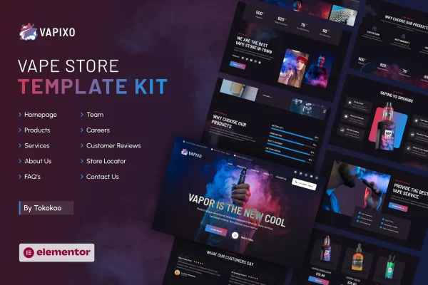Vapixo vape store Elementor Pro template kit preview with page layouts