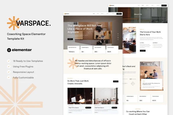 Varspace coworking space Elementor template kit preview