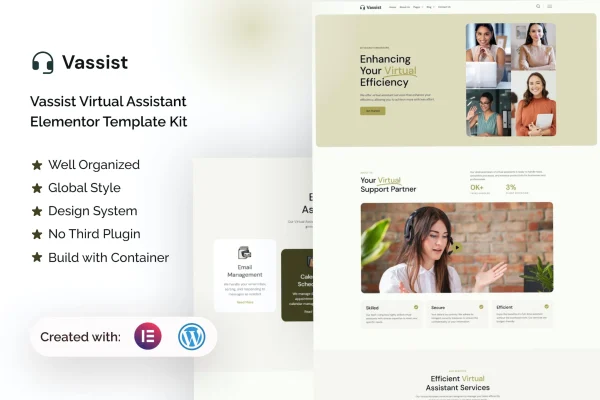 Vassist virtual assistant Elementor template kit cover showing minimalist page layouts