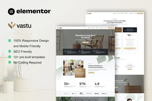 Vastu interior design Elementor Pro template kit preview with modern page layouts
