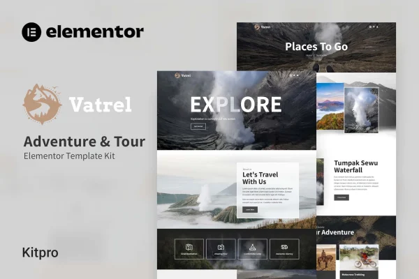 Vatrel adventure and tour Elementor template kit preview with travel website page layouts