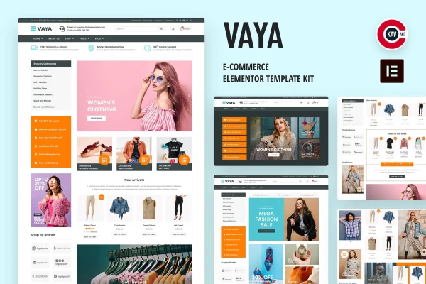 Vaya e-commerce Elementor template kit cover showing online store page layouts