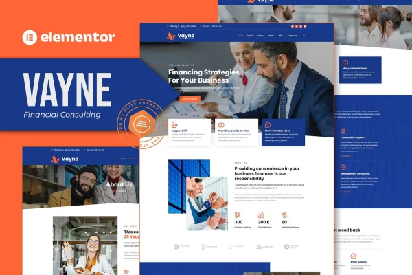 Vayne financial consulting Elementor template kit page previews