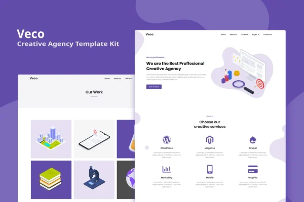 Veco creative agency Elementor template kit preview with page layouts