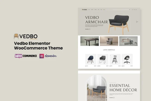 VEDBO Elementor WooCommerce theme preview showing online store layouts
