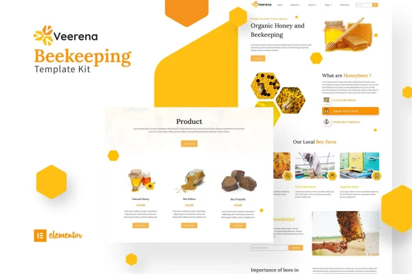 Veerena honey bee Elementor template kit cover showing bee-themed website pages