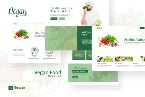 Vegan Restaurant Elementor Template Kit preview showing restaurant website page designs