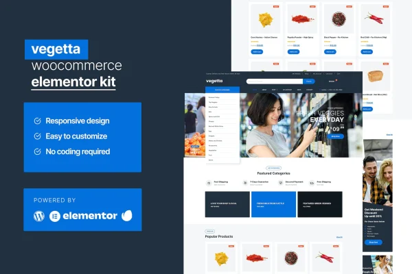 Vegetta supermarket WooCommerce Elementor template kit preview