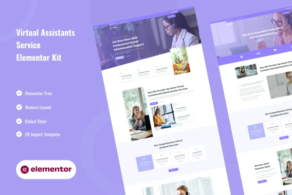 Veha virtual assistant and administrative Elementor template kit preview