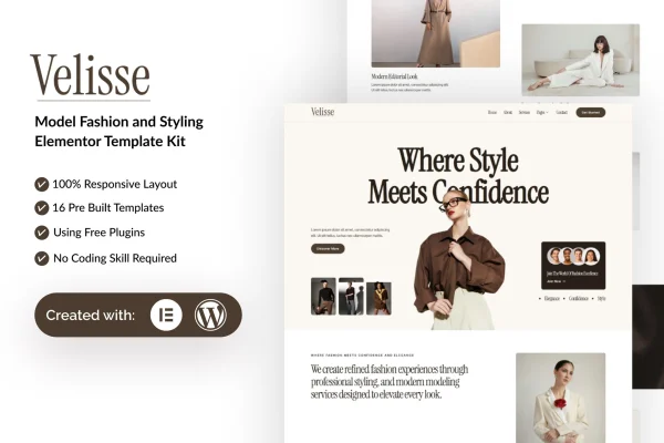 Velisse fashion model and styling Elementor template kit preview