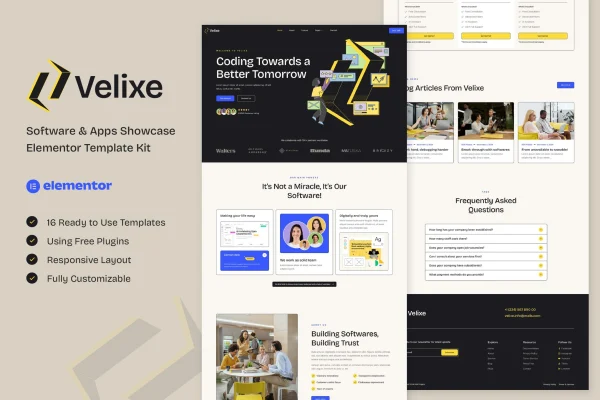 Velixe Elementor template kit preview for software and app websites