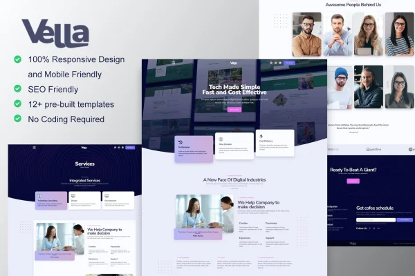 Vella digital agency Elementor template kit preview showing page layouts