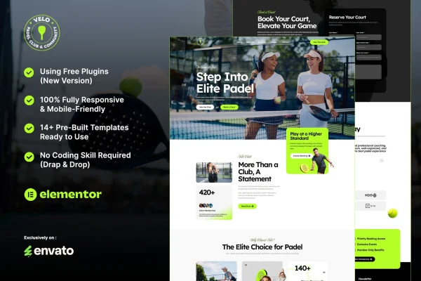 Velo padel club and community Elementor template kit preview