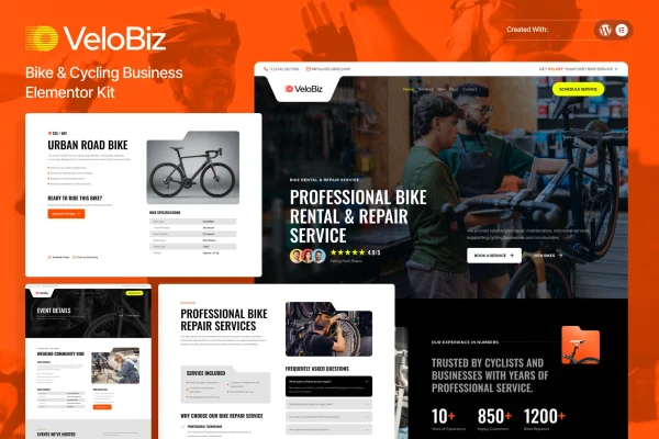 VeloBiz Elementor template kit preview for a bike and cycling business website