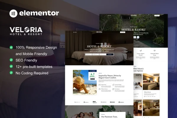 Veloria hotel and resort Elementor template kit cover image
