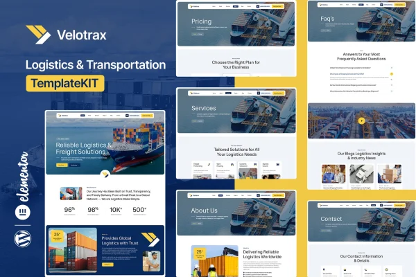 Velotrax logistics and transportation Elementor template kit preview