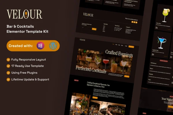 Velour bar and cocktails Elementor template kit preview