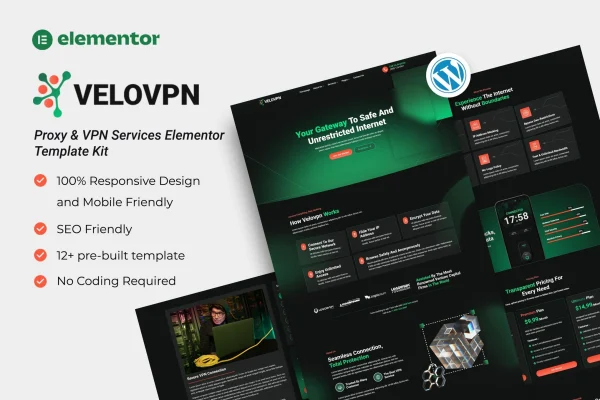 Velovpn proxy and VPN services Elementor template kit preview