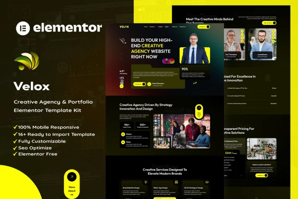 Velox creative agency and portfolio Elementor template kit preview